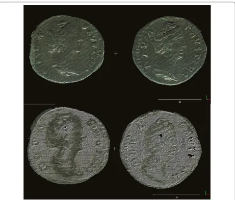 Fig. 6 Coin A and B, obverse. 3D colour laser scan at 100 μm resolution, from 30° angle (top) and nadir position (bottom) (Mona Hess, UCL)