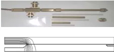 Fig. 1. Single-cable radiation source: (1) coaxial cable (2) set of sensors, (3) high-voltage electrode, (4) ceramic tube, (5) exit elec-trode, and (6) vacuum chamber