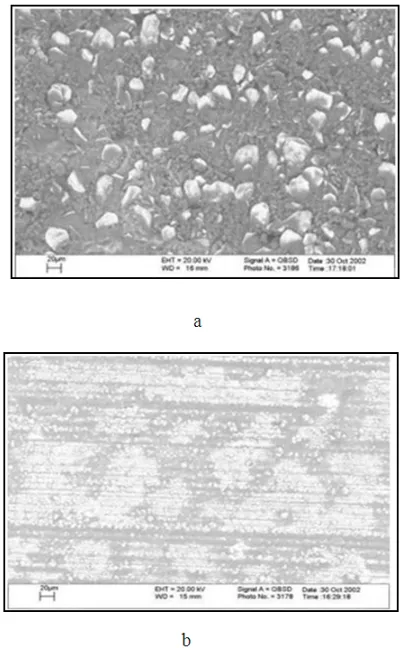 Fig 9. SEM micrographs showing the surface morphologies of Zn/SiO2 electrodeposits produced at cathode current efficiencies of (a) 8 % and (b) 23.5 %