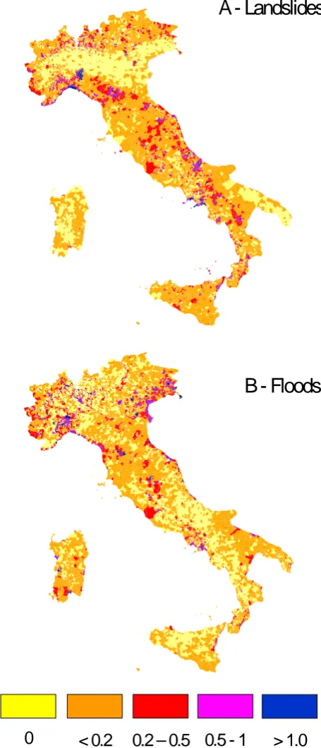 Fig. 15. Density of landslide (A) and ﬂood (B) events in the 8103Italian municipalities