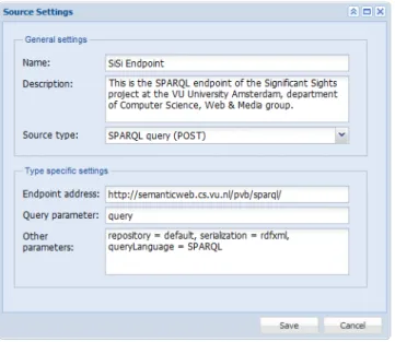 Figure 5. The settings window for a Data Request showing the   Visual Data Chain with two queries and one plug-in .