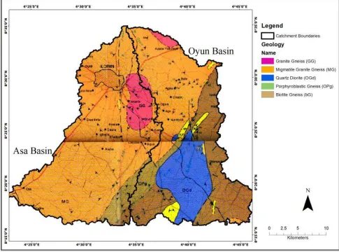 Figure 2. Map showing Geology of the Asa and Oyun River Basins. 