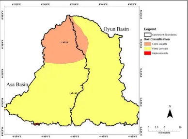 Figure 5. Map showing Soil Distribution of Oyun and Asa River Basins. 