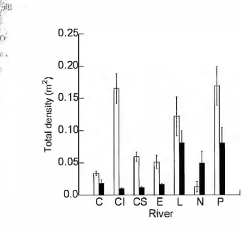 Fig. 7. Differences in fish density (m2) in removal (light bars) and willow (shaded bars) 