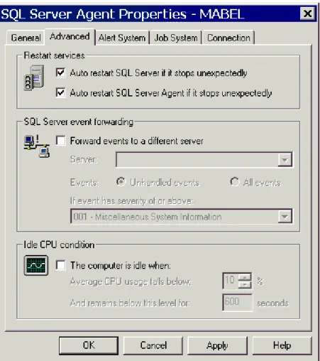 Figure 5. Setting options for SQL Server Agent to restart, forward events to a  different server, or perform operations during idle time