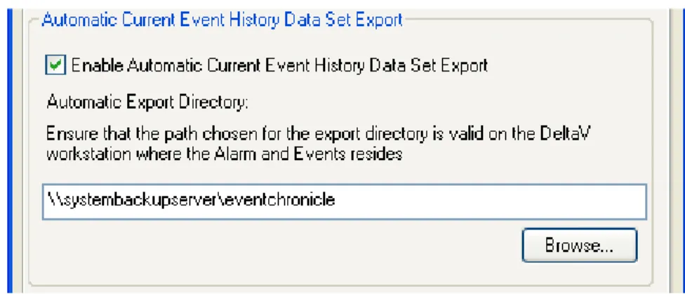 Figure 7 shows the automatic data set export configuration. Automatic export is enabled with the exported data  sets being copied to the UNC directory \\systembackupserver\eventchronicle