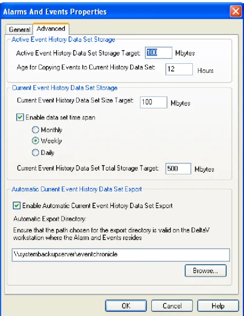 Figure 4 Alarms and Events Properties dialog advanced tab 