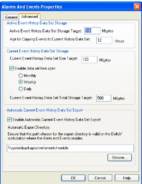Figure 4 Alarms and Events Properties dialog advanced tab 