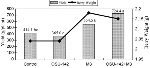 Fig. 1. The effects of treatments on yield (LSD 0.01: 151.8) and berry weight(n.s.) in raspberry.