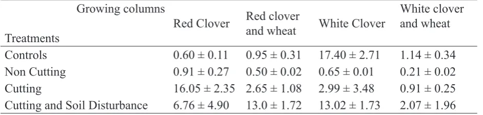 Fig. 1. The four treatments at the end of the ﬁ rst month (LH column pair), second month (centre column pair) and third month (RH column pair) of the experiment.