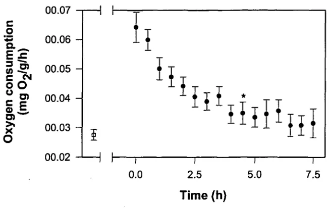 Figure 3.5: The effect of handling and emersion on oxygen consumption The asterisk indicates when oxygen consumption of recovering lobsters is shown