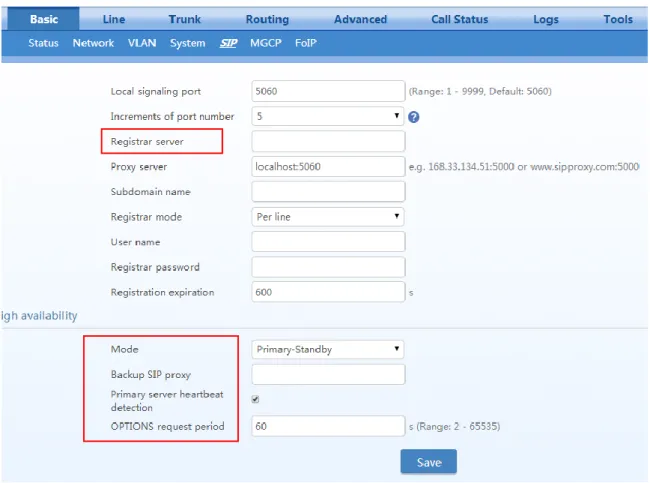 Figure 2-1 Primary-Standby configuration page 