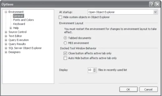FIGURE 3-5  Options dialog box of the SQL Server Management Studio