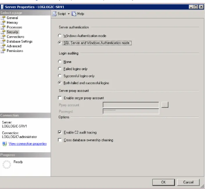 Figure 2 Object Explorer - Server Properties > Security