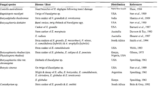 Table 1: List of fungi associated with canker and die-back of stems and branches (including shoots and twigs) of Eucalyptus spp 