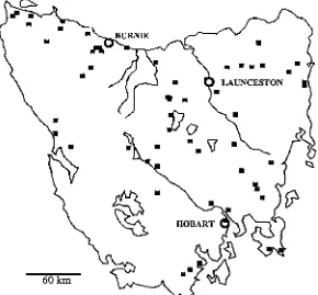 Fig. 1.1-1: Main collection points of fungi on eucalypts in Tasmania 