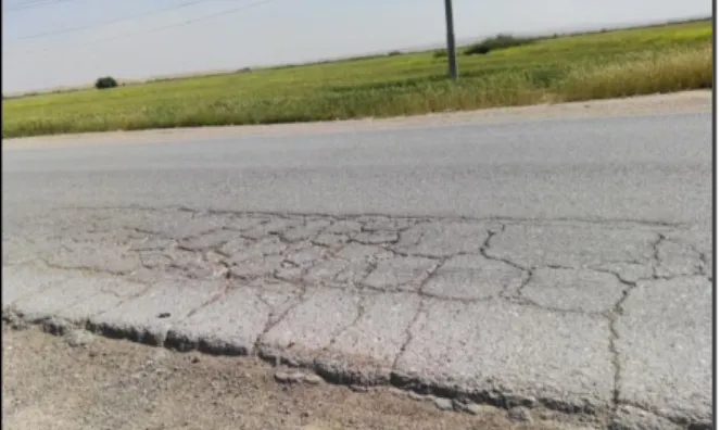 Figure 6 Severe Edge cracking and breaking,  alligator cracking and depression failures in the 