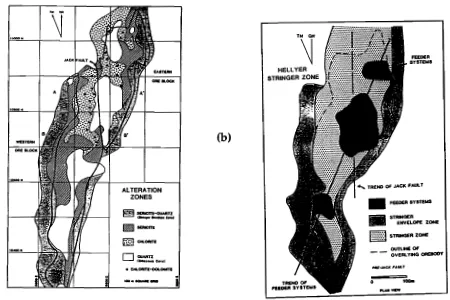 Figure 3.1 (a) Distribution (as known in 1990) of chlorite-carbonate alteration in the northern part of the ore deposit and (b) the southern, central and northern feeder zones (from Gemmell and Large, 1992) 