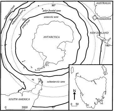 Figure 1.1. The three major oceanographic boundaries and regions of the Southern Ocean, showing Tasmania's location adjacent to the Subtropical Front