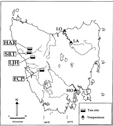 Figure 1.2. Huon pine sampling locations. HAR = Harman River, SRT = Stanley River, LJH = Lake Johnston site on Mt