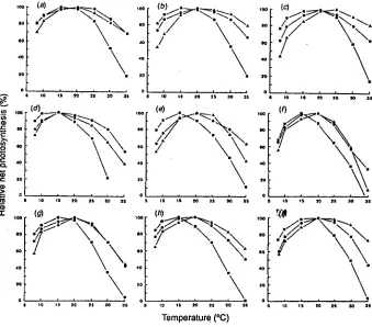 Figure 2.2. Temperature response windows for 7 Tasmanian endemic tree species. The plots m), and (i) = show the response of net photosynthesis to instantaneous temperatures in foliage acclimatised to 8°C (square), 20°C (circle), and 29°C (triangle)