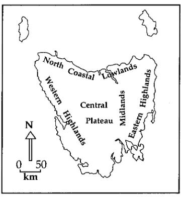 Figure 3.1. The physiographic regions of Tasmania. (Adapted from Davies, 1965). 