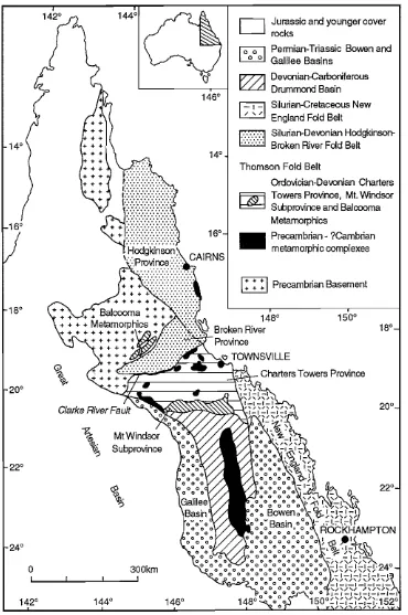 Figure 2.1 Simplified geological map ofTasman Fold Belt northern Queensland showing the distribution of elements in the and major Cannbrian-Devonian structural blocks and provinces