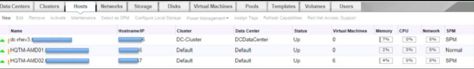 Figure 2: RHEV Hosts configured in RHEV Clusters. 