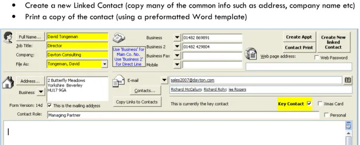FIGURE 10    MAIN TAB OF CONTACT CARD - CUSTOMISED WITH MOST REGULARLY REQUIRED FEATRURES 