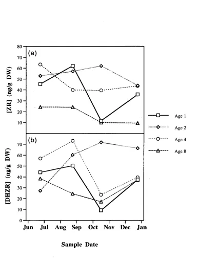 Figure IV.1.4 - The concentration of collected from 1, 2, 4 and 8 year old stock plants at different times in the calculated from (n=10) replicates (mean data, standard errors and LSD's are (a) ZR (LSD0.05.17.00) and (b) DHZR (LSD0.o5=19.55) in the basal s
