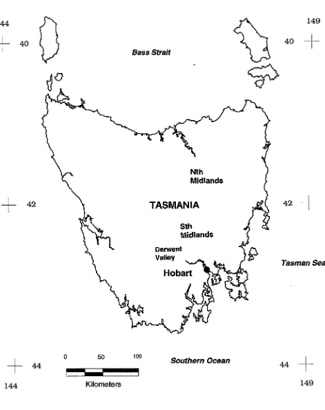 Fig. 2.1. Map of Tasmania showing study areas 