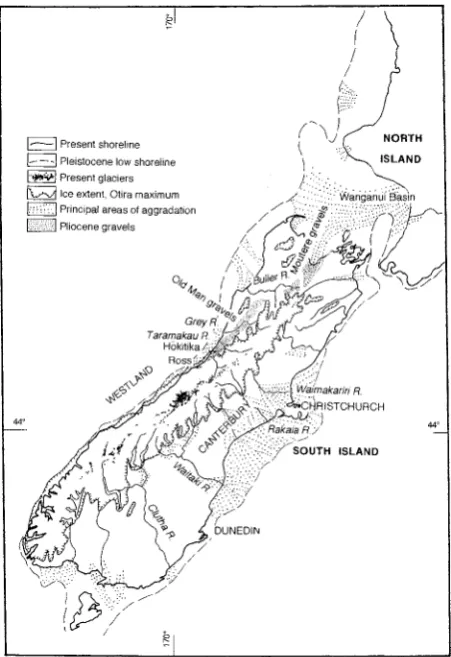 FIG. 2 -New Zealand South Island showing present and Pleistocene glacial extents and shorelines, together with Pliocene and Pleistocene aggradation gravels