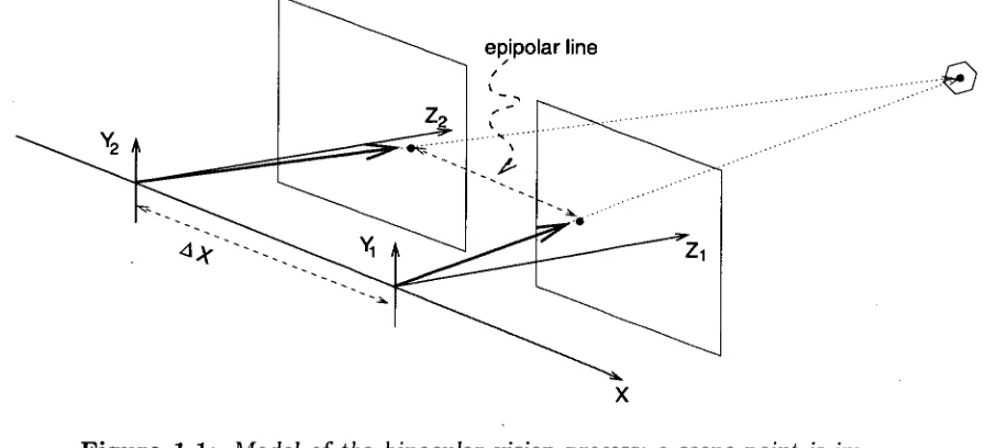 Figure 1.1: Model of the binocular vision process; a scene point is im-aged onto two separate sensors separated by a distance AX 