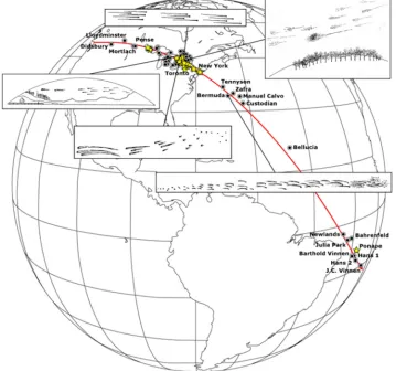 Figure 1. Schematic of the ground track for the Chant Meteor Procession (red line). The locations from which various eye-witness reports were collected [1 – 7] are shown by small black dots