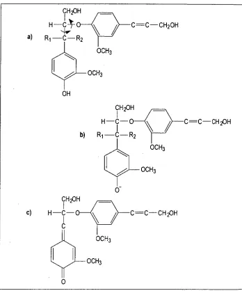 Figure 1.21 Structures for a) free phenol, b) phenolate anion, c) quinone methide intermediates of guaiacylglycocerol-b-coniferyl alcohol as studied by Elder 60 