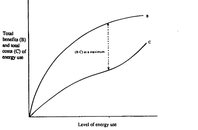 Figure 3.2 The total costs and total benefits of energy use as functions of 