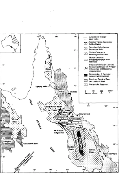 Figure 2.1 Simplified geological map of the distribution of Precambrian basement rocks and major Cambrian to Devonian structural blocks in north Queensland (from Stolz, 1995)