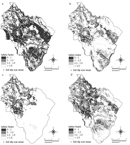 Fig. 7. Slope stability maps from the simulation with different hydrological models:  Figure 7  (a) steady state model (SSM); (b) piston ﬂow modelwith uniform precipitation (PFM UNI); (c) piston ﬂow model with distributed precipitation (PFM DIS); (d) diffu