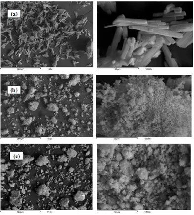 Figure. 5. SEM photographs at 150 and 1500 magnifications of: (a) Schiff base ligand,(b) binary complex and (c) ternary complex,respectively 