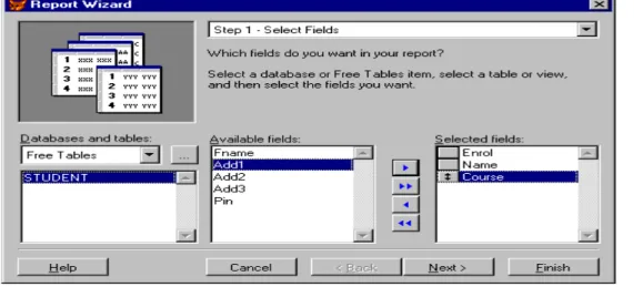Fig. 9.2:  Step 1 - Selecting Fields for the Report Wizard