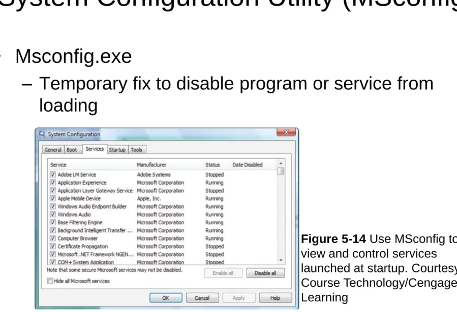 Figure 5-14 Use MSconfig to  view and control services 