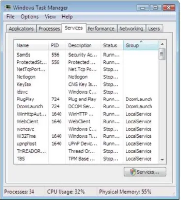 Figure 5-7 This Services tab of Windows  Vista Task Manager gives the current  status of all installed services 