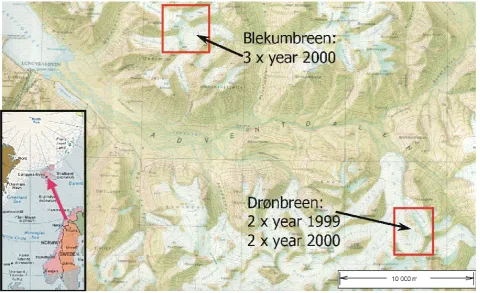 Fig. 1. Map of the valley Adventdalen showing the two study areas and the number of surveys during the ﬁeld season 1999 and 2000