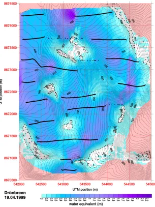 Fig. 5. Measured snow depth in the Drønbreen area at the end of the winter season (19 April 1999)