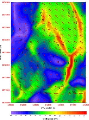 Fig. 6. Wind ﬁeld in the Drønbreen area for uniform wind (10 m/s) from east. The arrows show the wind direction