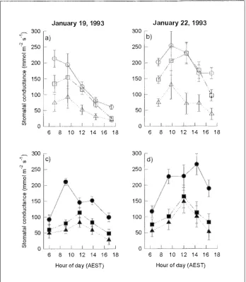 Figure 5.1. Diurnal course of stomatal conductance for the upper (circles), middle (squares) and lower (triangles) canopy layers of irrigated Eucalyptus globulus on a) January 19, 1 993, when maximum vapour pressure deficit, D, was 3 .25 kPa and b) January