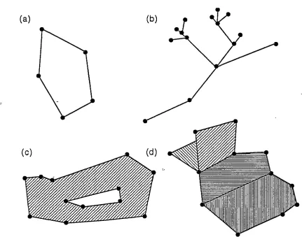 Figure 1.3 - some complex spatial objects for 3-dimensional applications - (a) a ring or I-manifold (b) a complex I-dimensional spatial object (c) a complex 2-dimensional cell (d) a complex 2-dimensional spatial object in R3 