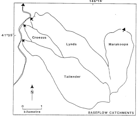 Figure 5. from Catchment of Croesus Cave under very high discharge conditions. Some water this area will also discharge via Mill Creek, Tailender Cave, Lynds Cave and Marakoopa Creek due to flow bifurcations under these conditions