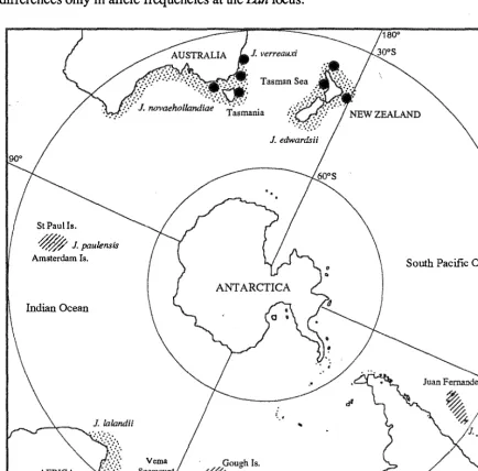 Figure la Circumpolar distribution of hatching: Jasus spp. Stippling: 'lalandii' subgroup n:embers; 'frontalis' subgroup members; filled circles: Jasus verreauxi