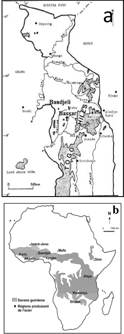 Figure 1. Locations of the village of Bandjeli on the geographic maps of the republic of Togo (a) and Africa (b)